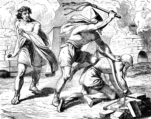 Moses slays the Egyptian taskmaster who tortured his brothers, murder, slain, whip, stone oven, burden, anger, abuse, Egypt, Second Book of Moses, Chapter 2, Old Testament, Bible, historical illustration 1877