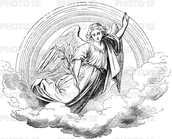 Symbolic image of the death of Joseph, Joseph, God in heaven, olive branch, rainbow, clouds, second book of Moses, chapter 1, Old Testament, Bible, historical illustration 1877