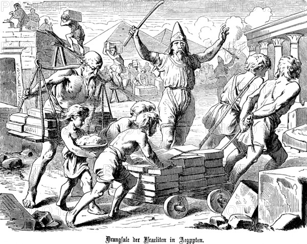 Tribulations of the Israelites in Egypt, Jacob's descendants, new king, hard physical labour, building pyramids, house building, quarry, child labour, overseers, carts, servitude, Second Book of Moses, Chapter 1, Old Testament, Bible, historical illustration 1877