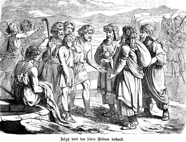 Joseph is sold by his brothers to passing Ishmaelites for 20 pieces of silver, Joseph, trade, barter, lie, group, encounter, falsehood, deception, caravan, Genesis, chapter 26, Genesis, Old Testament, Bible, historical illustration 1877