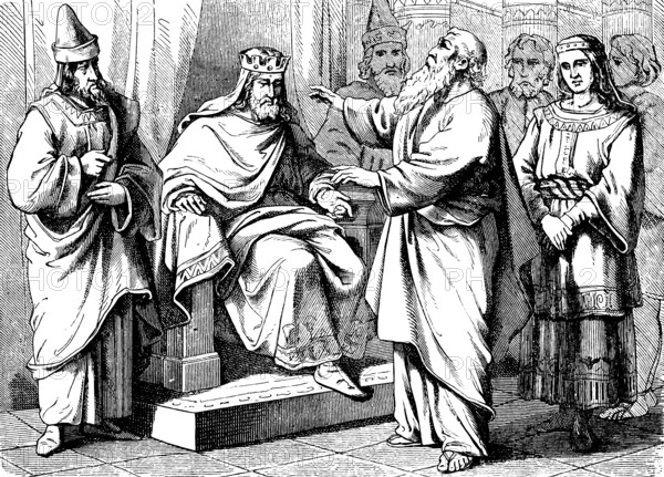 In Egypt, Joseph blesses Pharaoh, Joseph's father Jacob, Joseph, blessing, group, throne, crown, ruler, king, court, pilgrimageFirst Book of Moses, Chapter 41, Genesis, Old Testament, Bible, historical illustration 1877