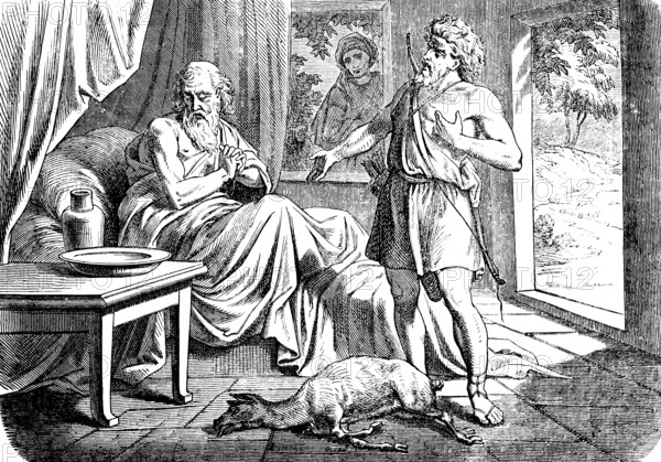 Isaac recognises Esau's deception and is horrified beyond measure, Jacob the hunter at his father's bedside, bow and arrow, deception, knowledge, truth, lie, table, interior, game, Genesis, chapter 27, Genesis, Old Testament, Bible, historical illustration 1877