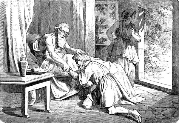 Isaac blesses Jacob, Esau in the background, deception, deceit, false voice, hand, lie, son, interior, bed, table, kneel down, Genesis, chapter 27, Genesis, Old Testament, Bible, historical illustration 1877