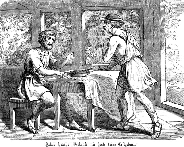 Jacob speaks to Esau, sell me your firstborn, die, birthright, old man, child, trade, table, arbour, Genesis, chapter 26, Genesis, Old Testament, Bible, historical illustration 1877