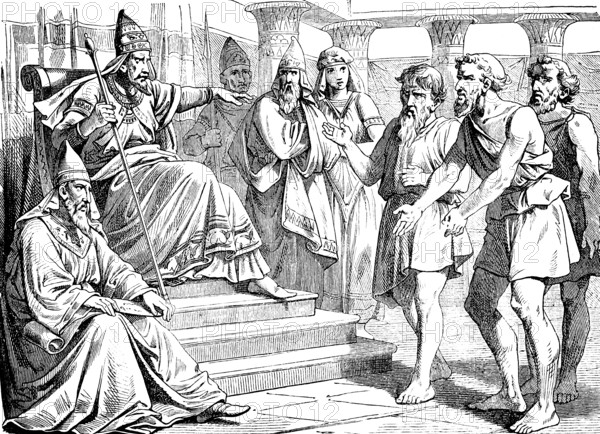 The officials of the Iraelites ask Pharaoh for mercy, ruler of Egypt, throne room, palace, Moses' condemnation, harsh judgement, plea for mercy, Second Book of Moses, chapter 5, Old Testament, Bible, historical illustration 1877