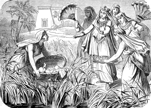 Pharaoh's daughter finds the child in the reed, virgins as companions, child is called Moses, Moses' birth, house of Levi, bast basket, bank of the Nile, palace, Hebrew boy, Second Book of Moses, chapter 2, Old Testament, Bible, historical illustration 1877