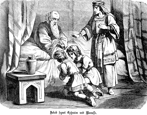 Jacob blesses Ephraim and Manses, Christian blessing, God, praying, kneeling, room, bed, children, woman, Genesis, chapter 49, Genesis, Old Testament, Bible, historical illustration 1877