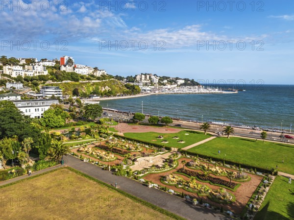 View of Torquay over Italian Garden in Abbey Park from drone, Torquay, Torbay, Devon, England, United Kingdom