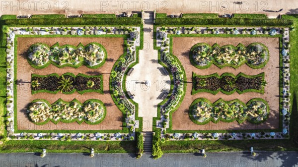 Top Down view over Italian Garden in Abbey Park from drone, Torquay, Torbay, Devon, England, United Kingdom