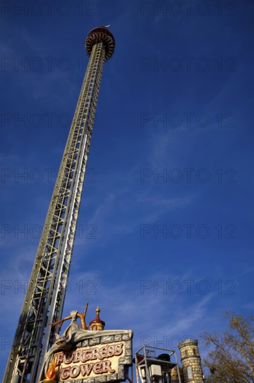 Fortress Tower, spinning drop tower, rides, Cannstatter Wasen, funfair, fairground, spring festival, folk festival, Bad Cannstatt, Stuttgart, Baden-Württemberg, Germany