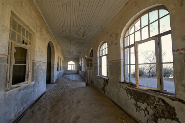 Former residential building, interior photo, Kolmanskop, restricted diamond area, near Lüderitz, Karas region, Namibia
