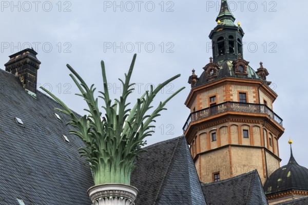 Tower of the Nikolai Church and top of the Nikolai Column, Leipzig, Saxony, Germany