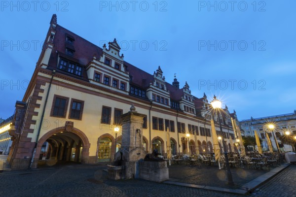 City History Museum, Old Town Hall, Lion Fountain, Blue Hour, Leipzig, Saxony, Germany