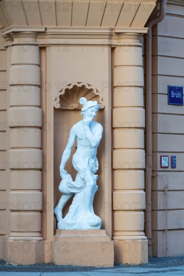 Hermes statue on the corner of the Romanus House, Brühl, Leipzig, Saxony, Germany