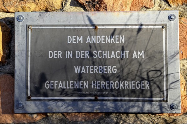 Memorial plaque for the Herero who fell at Waterberg at the German military cemetery at Waterberg, Otjozondjupa region, Namibia
