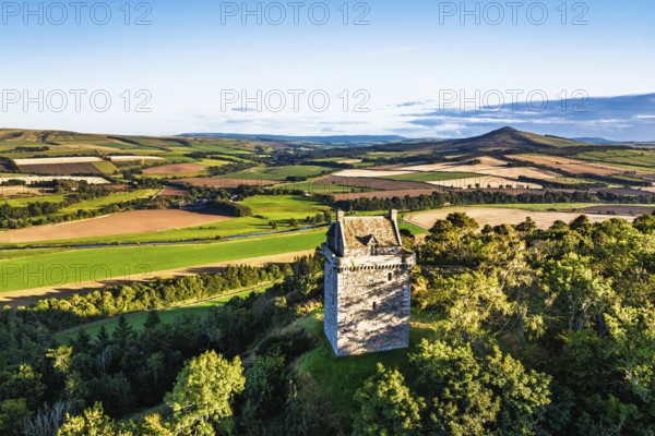 Fatlips Castle from a drone, Minto Crags, River Teviot, Roxburghshire, Scottish Borders, Scotland, UK