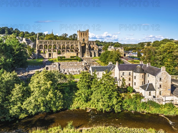 Jedburgh Abbey from a drone, Augustinian Abbey, Jedburgh, Scottish Borders, Scotland, UK