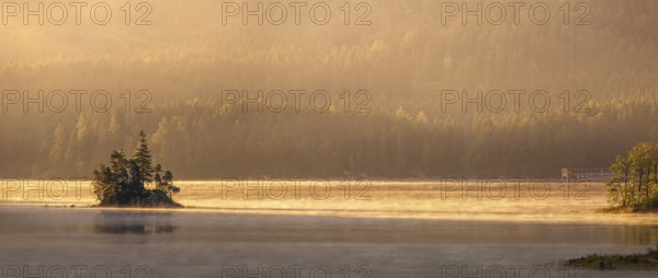 Morning atmosphere at the Eibsee lake, small island in the first light, Grainau near Garmisch-Partenkirchen, Upper Bavaria, Bavaria, Germany