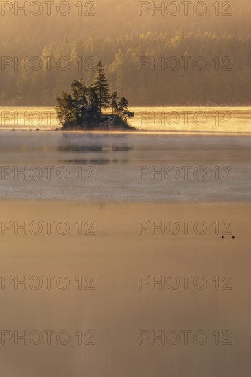 Morning atmosphere at the Eibsee lake, small island in the first light, Grainau near Garmisch-Partenkirchen, Upper Bavaria, Bavaria, Germany