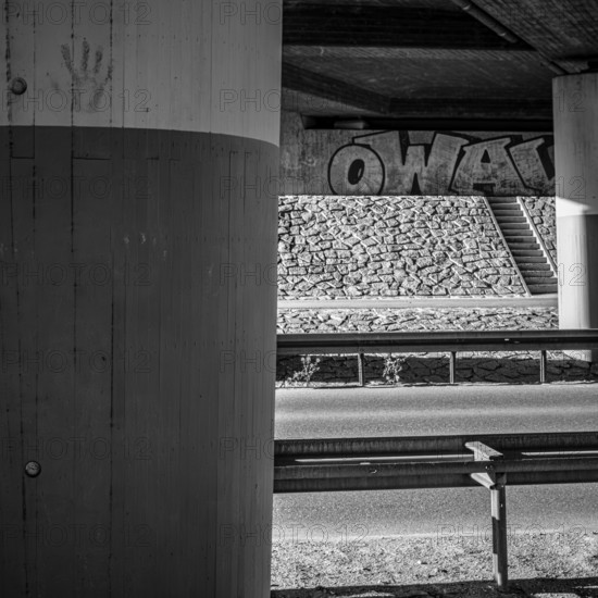 Concrete bridge with graffito in Münsingen on the Swabian Alb, Baden-Württemberg, Germany, for editorial use only