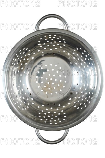 Top view of empty stainless steel colander isolated on white background
