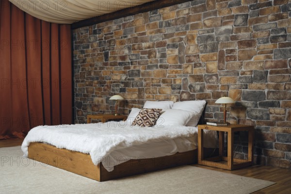 Cozy bedroom with stone wall and rustic furnishings for a relaxing atmosphere. Simple wooden nightstands and warm lighting enhance the calming vibe