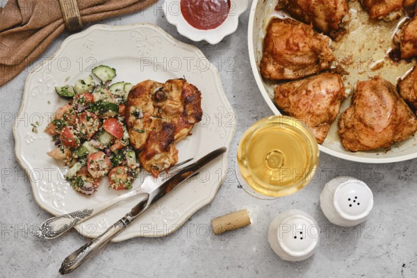 Juicy grilled chicken on a plate beside a vibrant salad made of cucumbers and tomatoes, enhanced with herbs. A glass of chilled white wine waits nearby, completing the meal's appeal