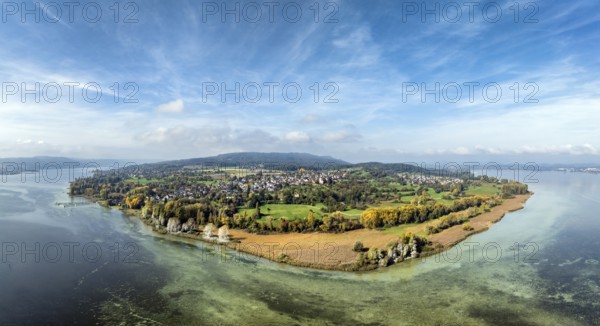 Aerial view, panorama of the Höri peninsula with the headland, called Hornspitze, nature reserve, behind it the village of Horn, on the right on the horizon the town of Radolfzell on Lake Constance, on the left Lake Rhine with the Swiss lakeshore, Gaienhofen, district of Constance, Baden-Württemberg, Germany