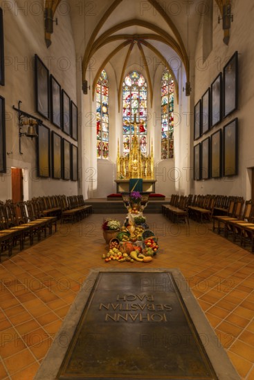 Sarcophagus of Johann Sebastian Bach in the chancel of St Thomas's Church, burial place, Leipzig, Saxony, Germany