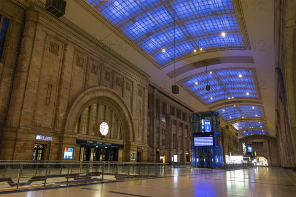 Entrance hall, Blue Hour, Central Station, Leipzig, Saxony, Germany