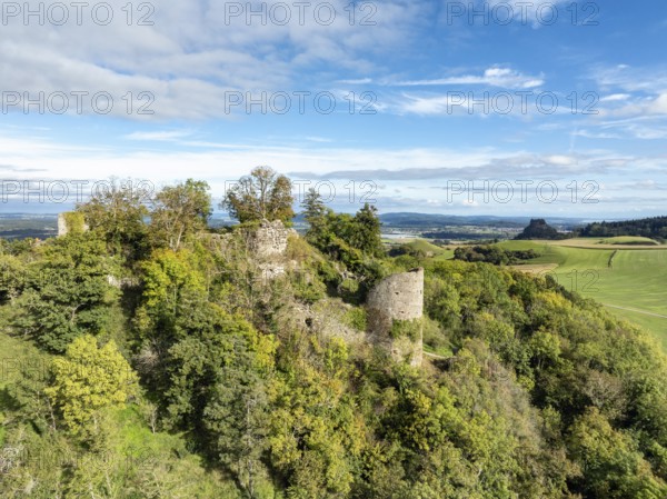 Aerial view of the Hegau volcano and the Mägdeberg castle ruins, with the Hohenkrähen on the horizon, district of Constance, Baden-Württemberg, Germany