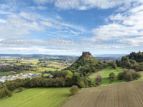 Aerial view of the Hegau volcano and the Hohenkrähen castle ruins, Lake Constance on the horizon, district of Constance, Baden-Württemberg, Germany