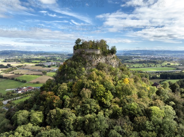Aerial view of the Hegau volcano and the Hohenkrähen castle ruins, district of Constance, Baden-Württemberg, Germany