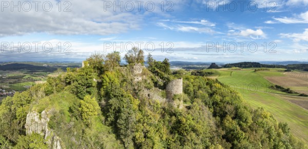 Aerial view, panorama of the Hegau volcano and the Mägdeberg castle ruins, with the Hohenkrähen on the horizon, district of Constance, Baden-Württemberg, Germany