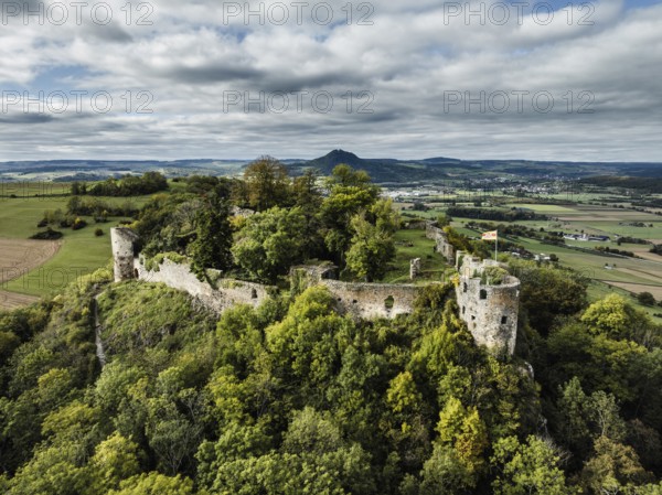 Aerial view of the Hegau volcano and the Mägdeberg castle ruins, with Hohenhewen on the horizon, district of Constance, Baden-Württemberg, Germany