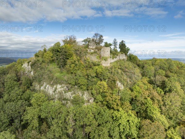 Aerial view of the Hegau volcano and the Mägdeberg castle ruins, district of Constance, Baden-Württemberg, Germany
