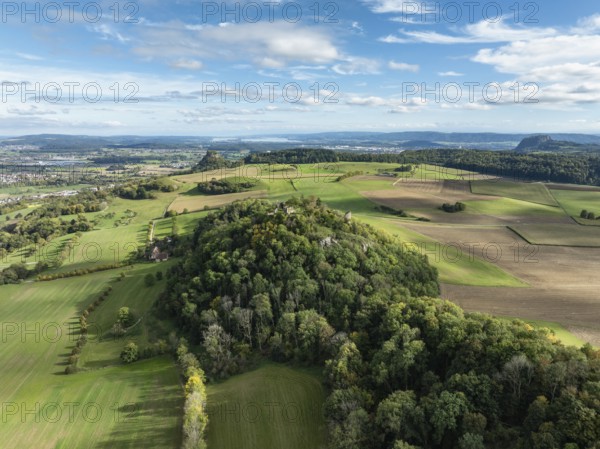 Aerial view of the Hegau volcano and the Mägdeberg castle ruins, on the horizon the Hohenkrähen and Lake Constance, on the far right the Hphentwiel, district of Constance, Baden-Württemberg, Germany