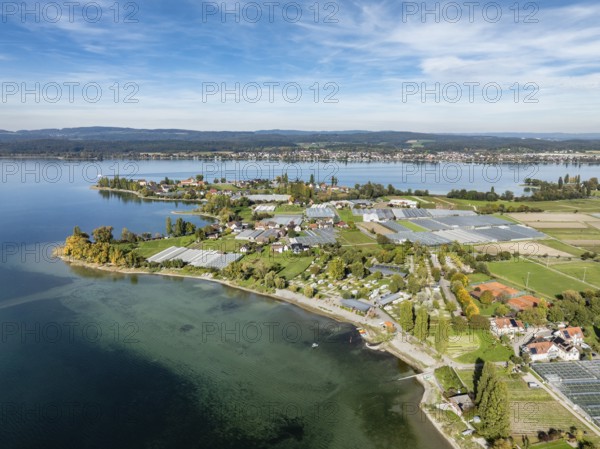 Aerial view of the north-western tip of the island of Reichenau in Lake Constance, with the campsite, outdoor catering and Sandseele lido, district of Constance, Baden-Württemberg, Germany