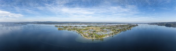 Aerial view panorama of the island of Reichenau in Lake Constance, on the left on the horizon the Mettnau peninsula near Radolfzell, on the right the Swiss lakeshore, district of Constance, Baden-Württemberg, Germany