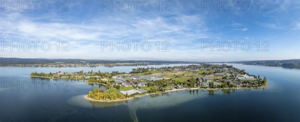 Aerial view, panorama of the island of Reichenau in Lake Constance, district of Constance, Baden-Württemberg, Germany