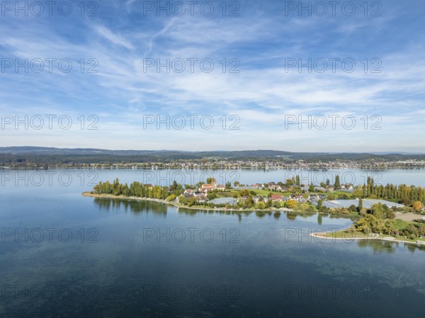 Aerial view of the north-western tip of the island of Reichenau in Lake Constance, with the district of Niederzell and the columned basilica of St Peter and Paul, district of Constance, Baden-Württemberg, Germany