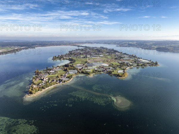 Aerial view of the north-western tip of the island of Reichenau in Lake Constance, with the district of Niederzell and the columned basilica of St Peter and Paul, Windegg Castle on the shore, district of Constance, Baden-Württemberg, Germany