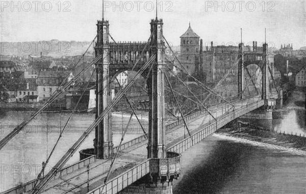 Franz Joseph Bridge in Prague, view from 1868, historical book illustration, wood engraving