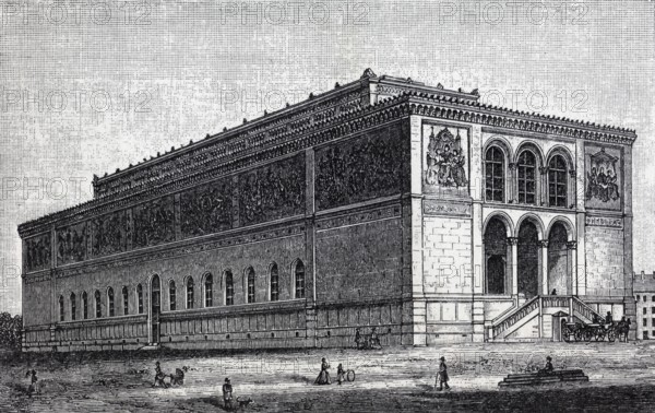 Neue Pinakothek in Munich, historical book illustration, wood engraving