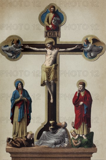 Crucifixion group from Wechselburg Abbey in Saxony, historical book illustration, colour lithograph