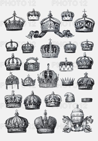 Plate with crowns of emperors, kings, princes, dukes and pope, historical book illustration, steel engraving