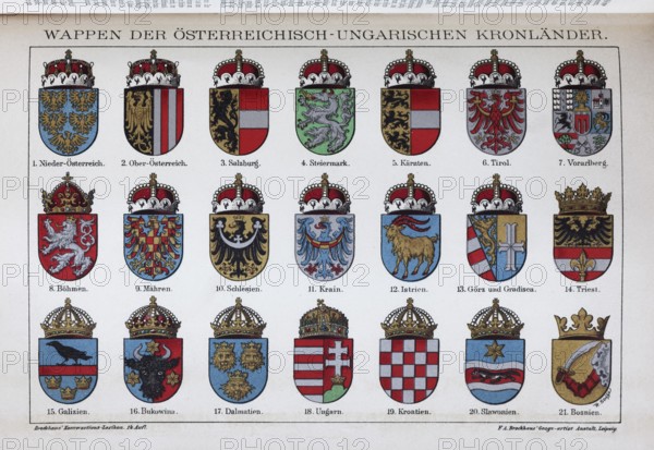 Coat of arms of the Austro-Hungarian Crown Lands around 1900, k. u. k. Monarchy, historical book illustration, colour lithograph