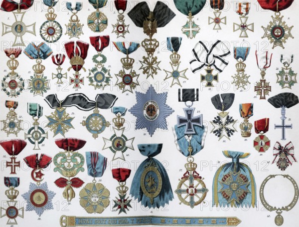 Colour plate with the most important orders in Europe in the 19th century, historical book illustration, colour lithograph