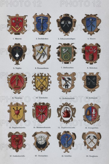 Colour plate guild signs, old symbols for trades, historical book illustration, colour lithograph