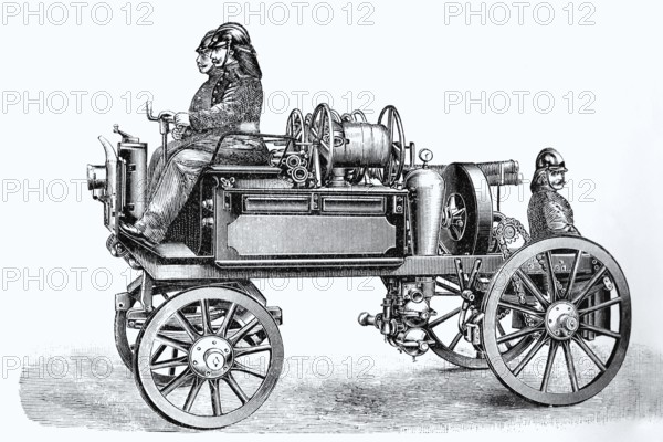 Fire engine with firemen around 1900, historical book illustration, wood engraving